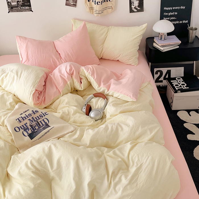 91家纺网 家纺一手货源 找家纺 优承佳生活馆 2025新款ins风纯色水洗m四件套 柠檬粉