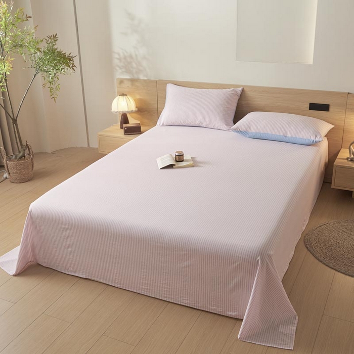 91家纺网 家纺一手货源 找家纺 ab家纺 2025新款简约色织水洗棉床单 余晖-粉蓝