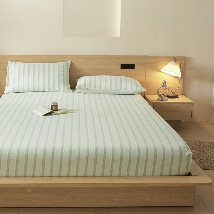 91家纺网 家纺一手货源 找家纺 ab家纺 2025新款简约色织水洗棉床笠 平行线-绿