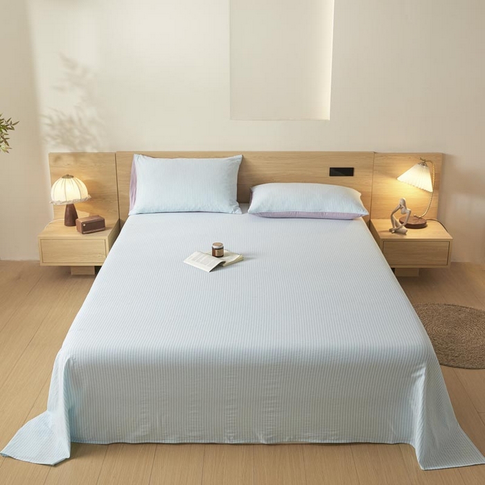 91家纺网 家纺一手货源 找家纺 ab家纺 2025新款简约色织水洗棉床单 余晖-蓝紫