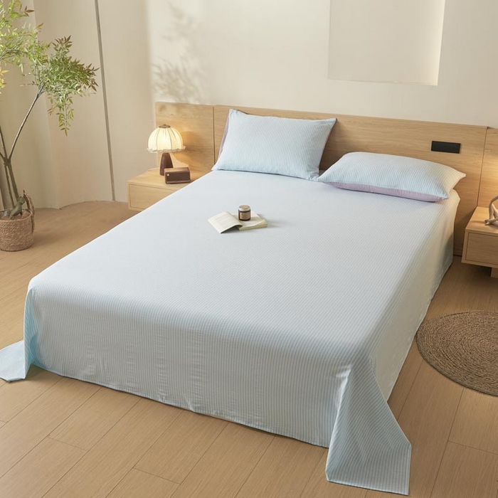 91家纺网 家纺一手货源 找家纺 ab家纺 2025新款简约色织水洗棉床单 余晖-蓝紫