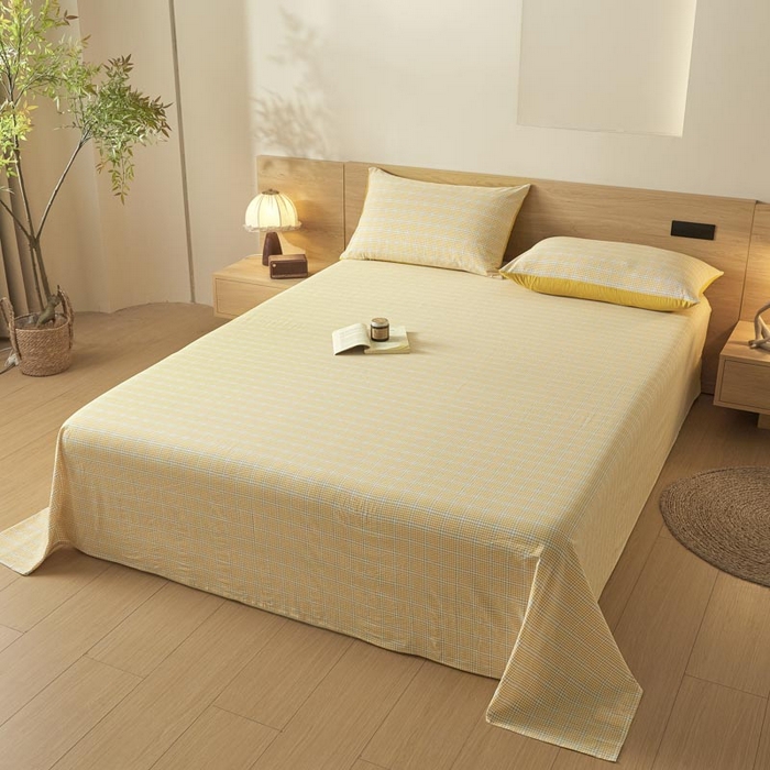 91家纺网 家纺一手货源 找家纺 ab家纺 2025新款简约色织水洗棉床单 芙卡格-黄