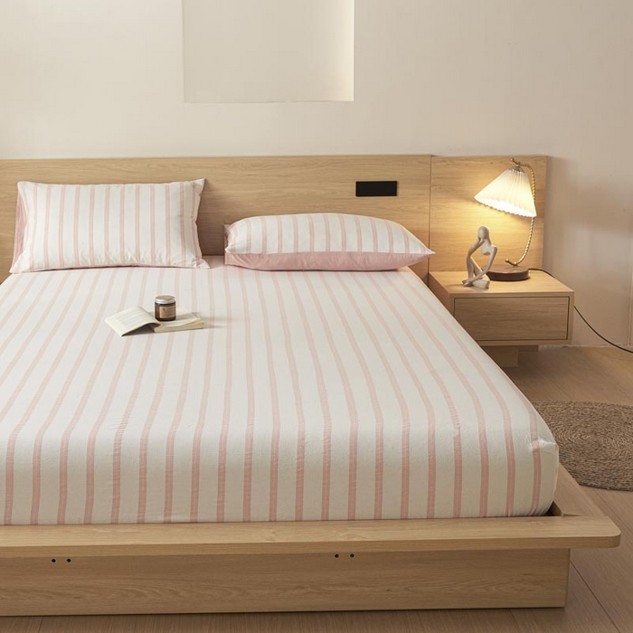 91家纺网 家纺一手货源 找家纺 ab家纺 2025新款简约色织水洗棉床笠 平行线-桔