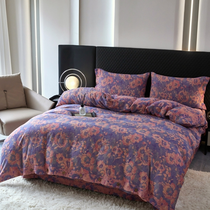 91家纺网 家纺一手货源 找家纺 鲁爱 2025新款全棉色织双层纱纽扣款四件套 满庭芳