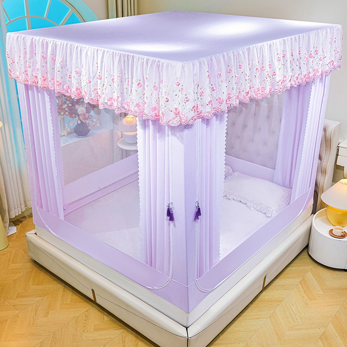 91家纺网 家纺一手货源 找家纺 艾晶美家纺有限公司 2025新款坐式刺绣床帘蚊帐 浪漫紫