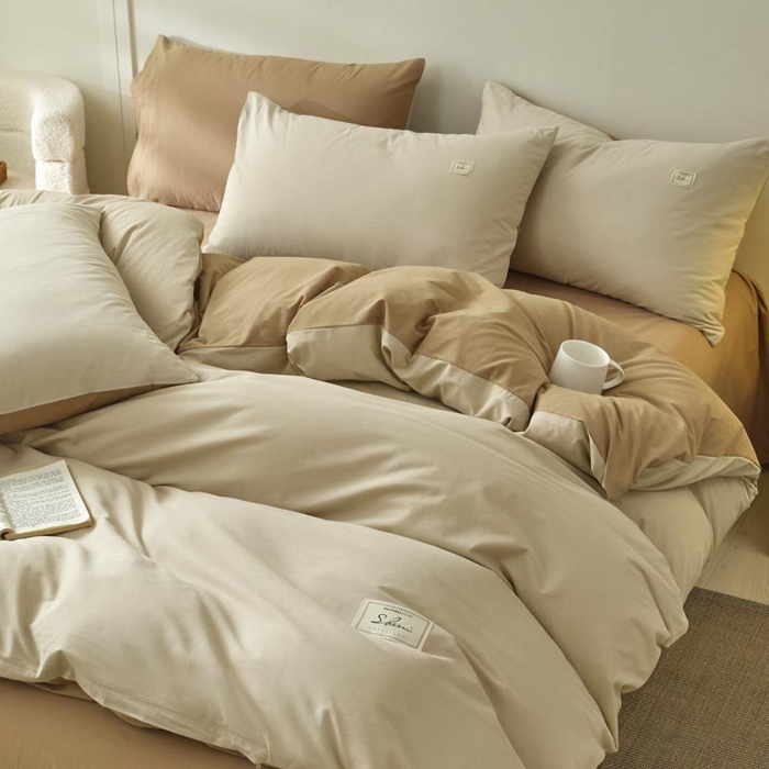 91家纺网 家纺一手货源 找家纺 ab家纺 2025新款色织全棉40支水洗棉四件套--双拼第二组 卡其米咖