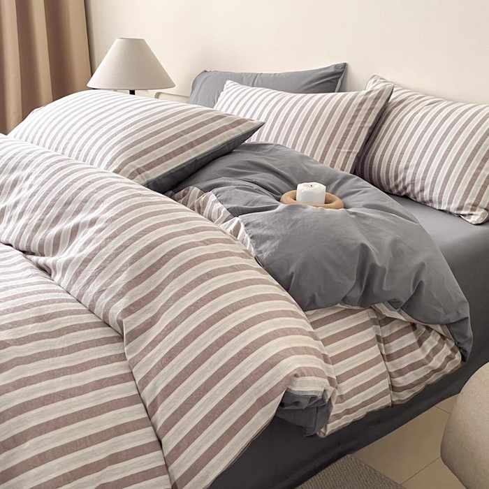 91家纺网 家纺一手货源 找家纺 ab家纺 2024新款色织全棉40支水洗棉条纹四件套  天竺棉 稀咖