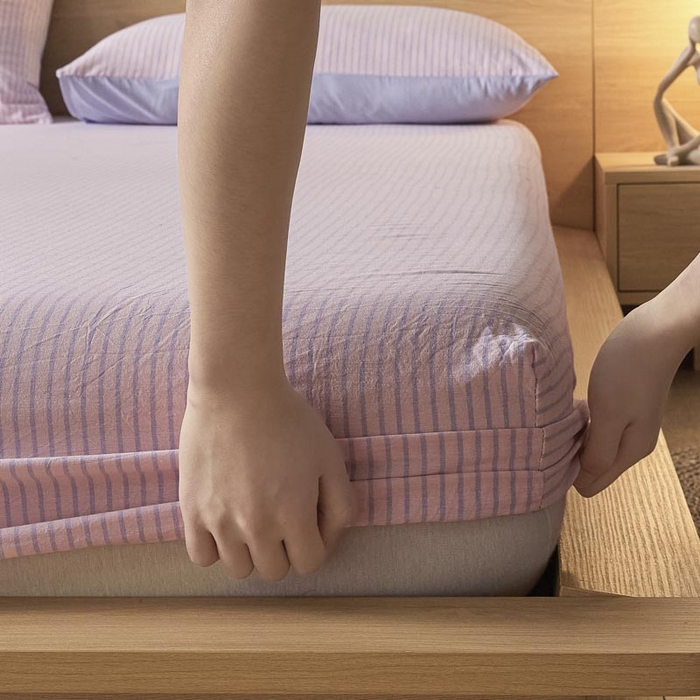 91家纺网 家纺一手货源 找家纺 ab家纺 2025新款简约色织水洗棉床笠 余晖-粉蓝