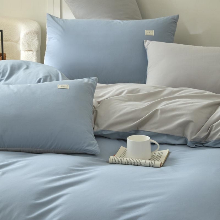 91家纺网 家纺一手货源 找家纺 ab家纺 2025新款色织全棉40支水洗棉四件套--双拼第二组 浅蓝灰