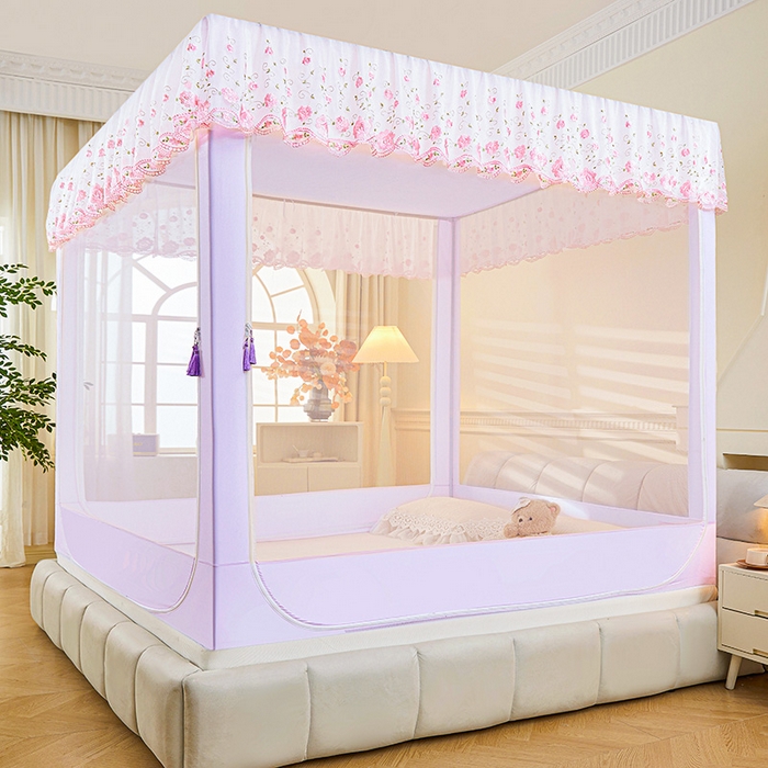 91家纺网 家纺一手货源 找家纺 艾晶美家纺有限公司 2025新款坐式刺绣床帘蚊帐 紫精灵