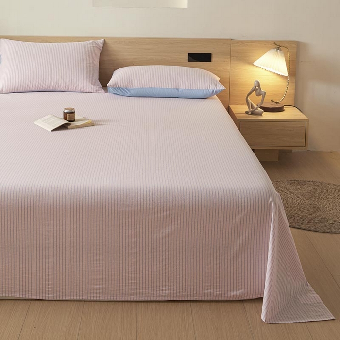 91家纺网 家纺一手货源 找家纺 ab家纺 2025新款简约色织水洗棉床单 余晖-粉蓝