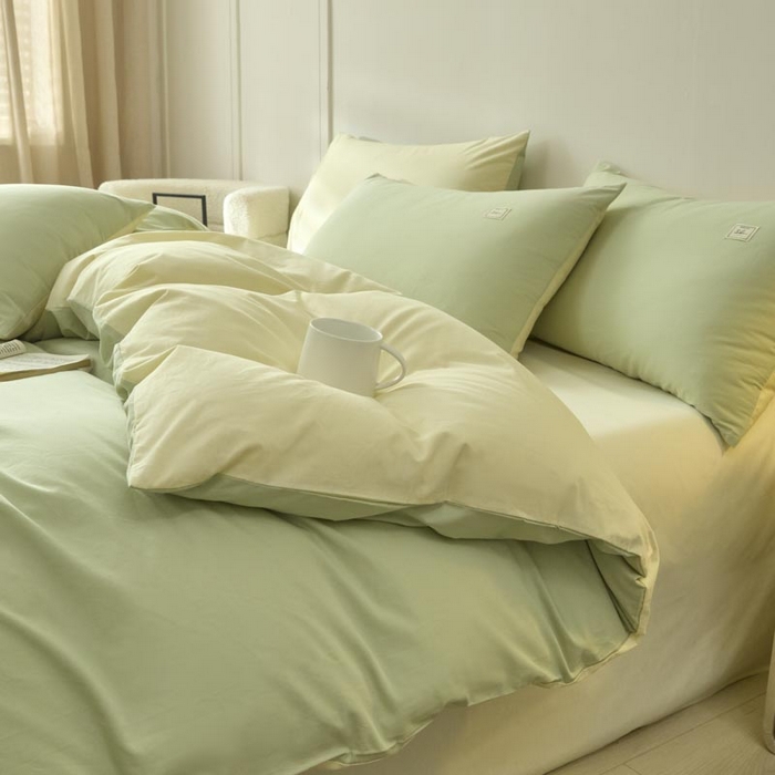 91家纺网 家纺一手货源 找家纺 ab家纺 2025新款色织全棉40支水洗棉四件套--双拼第二组 橄榄绿杏黄