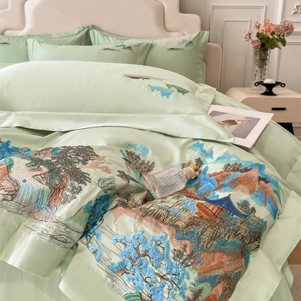 91家纺网 家纺一手货源 找家纺 帝王家纺 2025新款亲肤棉磨毛重工绣花四件套-锦绣山河 锦绣山河-爱马橙