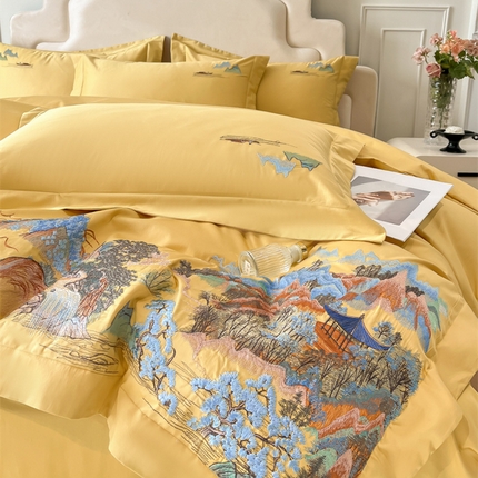 91家纺网 家纺一手货源 找家纺 帝王家纺 2025新款亲肤棉磨毛重工绣花四件套-锦绣山河 锦绣山河-爱马橙