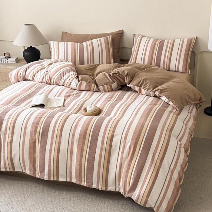 91家纺网 家纺一手货源 找家纺 ab家纺 2024新款色织全棉40支水洗棉条纹四件套  拉菲尔-咖