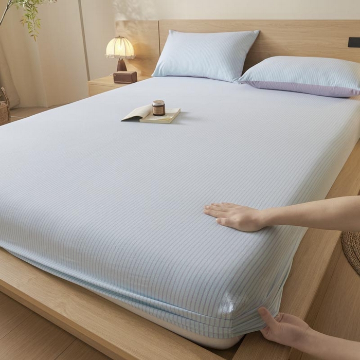 91家纺网 家纺一手货源 找家纺 ab家纺 2025新款简约色织水洗棉床笠 余晖-蓝紫