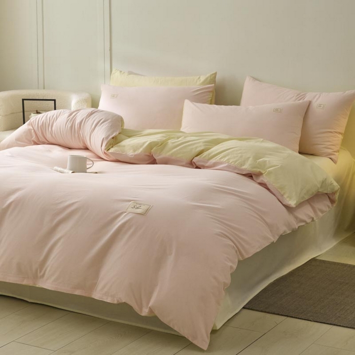 91家纺网 家纺一手货源 找家纺 ab家纺 2025新款色织全棉40支水洗棉四件套--双拼第二组 微微粉杏黄