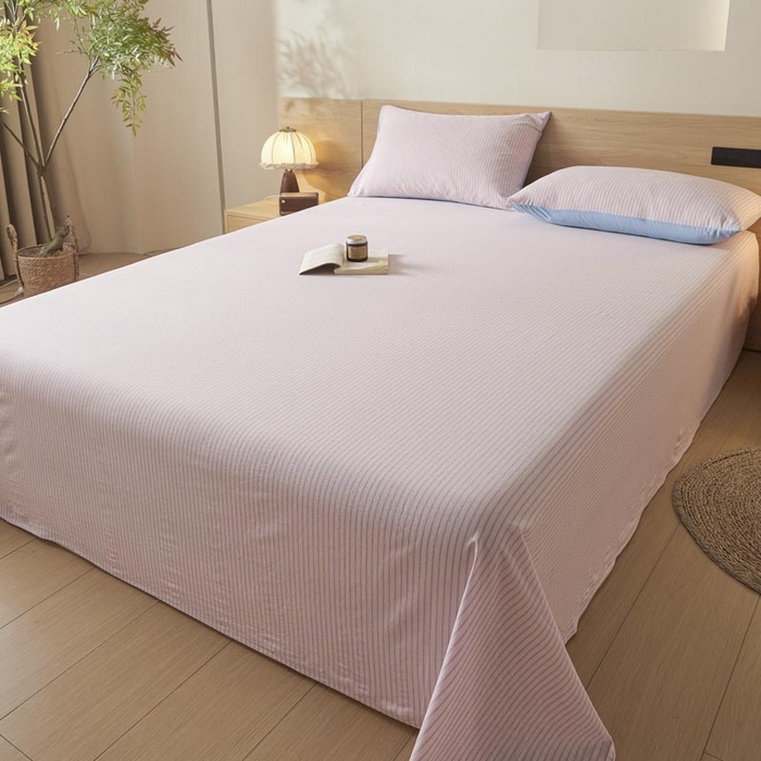 91家纺网 家纺一手货源 找家纺 ab家纺 2025新款简约色织水洗棉床单 余晖-粉蓝