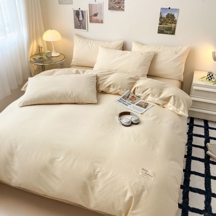 91家纺网 家纺一手货源 找家纺 曼之夏 2025新款全棉双拼四件套 贴标-米色+浅驼