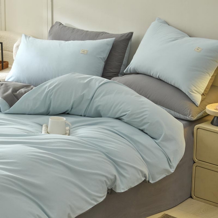 91家纺网 家纺一手货源 找家纺 ab家纺 2025新款色织全棉40支水洗棉四件套--双拼第二组 天空蓝深灰