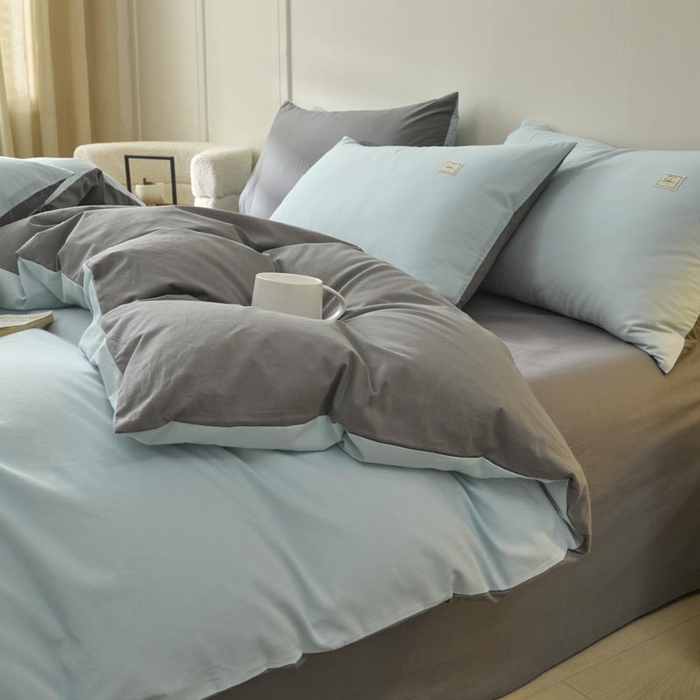 91家纺网 家纺一手货源 找家纺 ab家纺 2025新款色织全棉40支水洗棉四件套--双拼第二组 天空蓝深灰