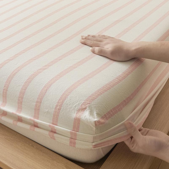 91家纺网 家纺一手货源 找家纺 ab家纺 2025新款简约色织水洗棉床笠 平行线-桔