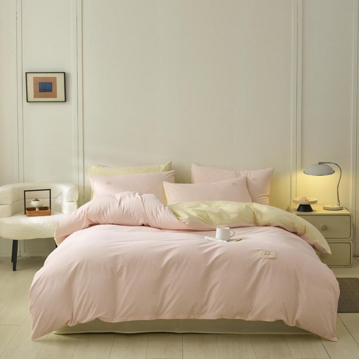 91家纺网 家纺一手货源 找家纺 ab家纺 2025新款色织全棉40支水洗棉四件套--双拼第二组 微微粉杏黄