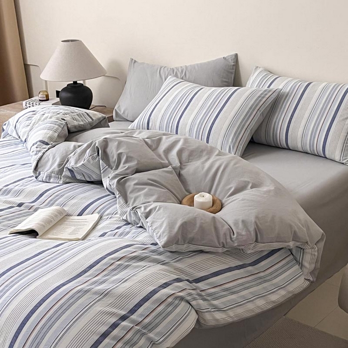 91家纺网 家纺一手货源 找家纺 ab家纺 2024新款色织全棉40支水洗棉条纹四件套  西蒙-蓝