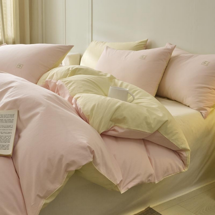 91家纺网 家纺一手货源 找家纺 ab家纺 2025新款色织全棉40支水洗棉四件套--双拼第二组 微微粉杏黄