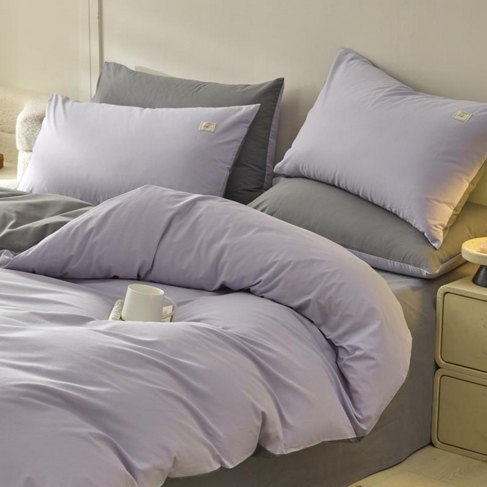 91家纺网 家纺一手货源 找家纺 ab家纺 2025新款色织全棉40支水洗棉四件套--双拼第二组 香芋紫深灰