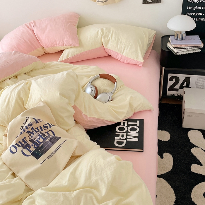 91家纺网 家纺一手货源 找家纺 优承佳生活馆 2025新款ins风纯色水洗m四件套 柠檬粉