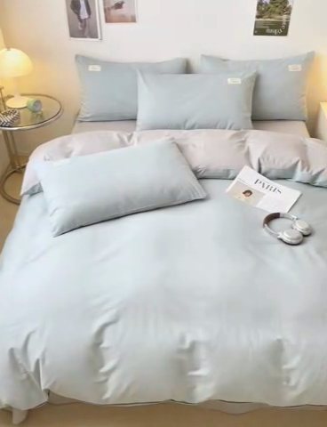 91家纺网 家纺一手货源 找家纺 曼之夏 2025新款全棉双拼四件套 贴标-水兰+米灰