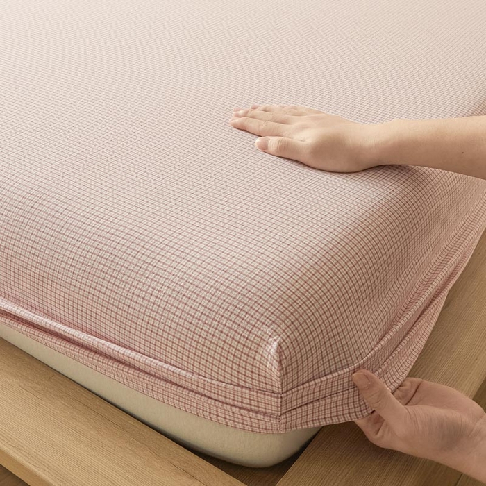 91家纺网 家纺一手货源 找家纺 ab家纺 2025新款简约色织水洗棉床笠 可颂-粉