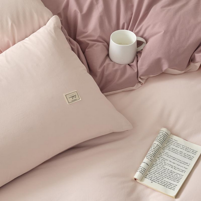 91家纺网 家纺一手货源 找家纺 ab家纺 2025新款色织全棉40支水洗棉四件套--双拼第二组 微微粉豆沙