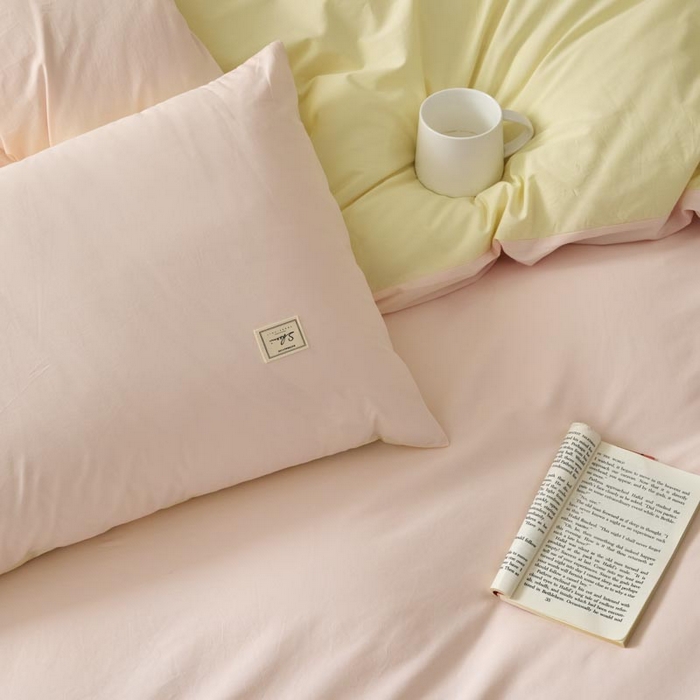 91家纺网 家纺一手货源 找家纺 ab家纺 2025新款色织全棉40支水洗棉四件套--双拼第二组 微微粉杏黄