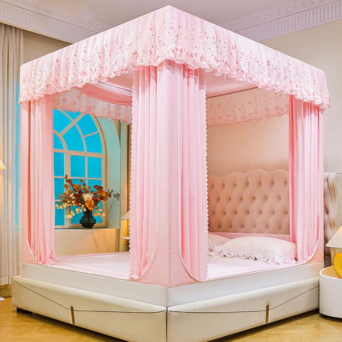 91家纺网 家纺一手货源 找家纺 艾晶美家纺有限公司 2025新款坐式刺绣床帘蚊帐 樱花粉