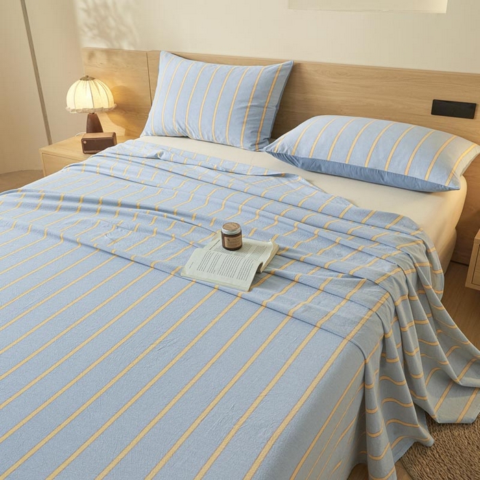 91家纺网 家纺一手货源 找家纺 ab家纺 2025新款简约色织水洗棉床单 弗兰西-蓝