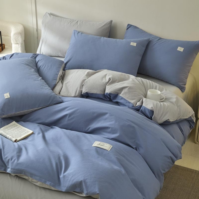 91家纺网 家纺一手货源 找家纺 ab家纺 2025新款色织全棉40支水洗棉四件套--双拼第二组 宾利蓝浅灰