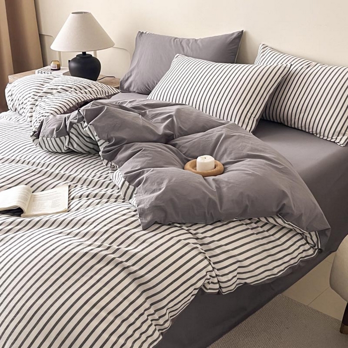 91家纺网 家纺一手货源 找家纺 ab家纺 2024新款色织全棉40支水洗棉条纹四件套  优岸-灰