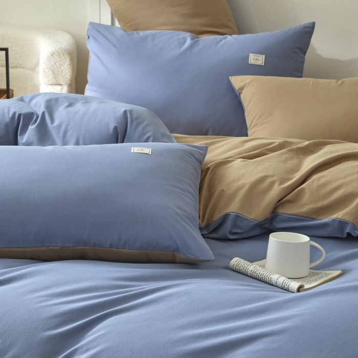 91家纺网 家纺一手货源 找家纺 ab家纺 2025新款色织全棉40支水洗棉四件套--双拼第二组 宾利蓝米咖