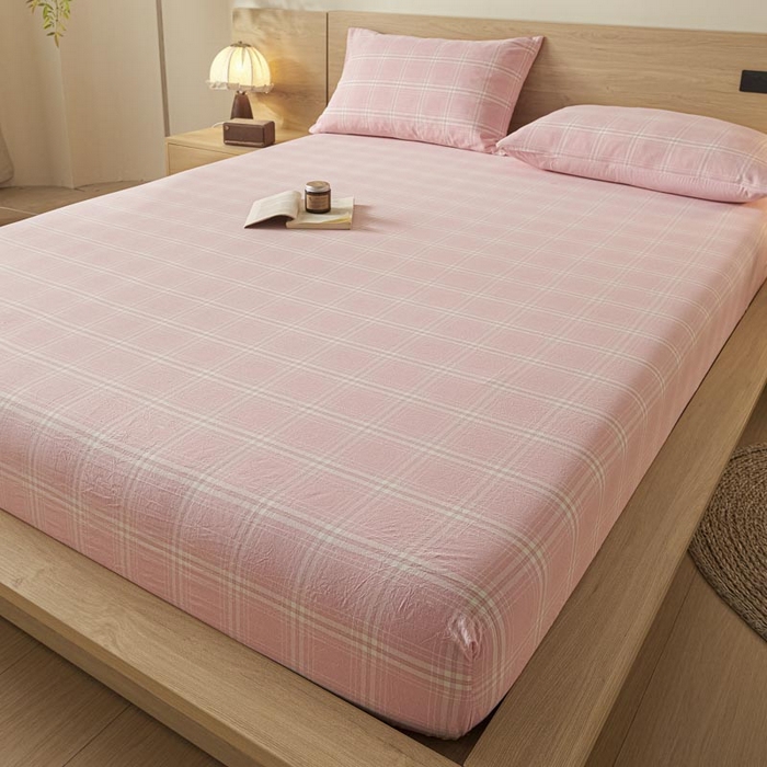 91家纺网 家纺一手货源 找家纺 ab家纺 2025新款简约色织水洗棉床笠 希格文-粉