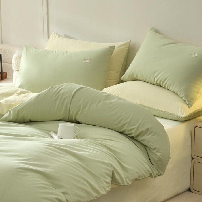 91家纺网 家纺一手货源 找家纺 ab家纺 2025新款色织全棉40支水洗棉四件套--双拼第二组 橄榄绿杏黄