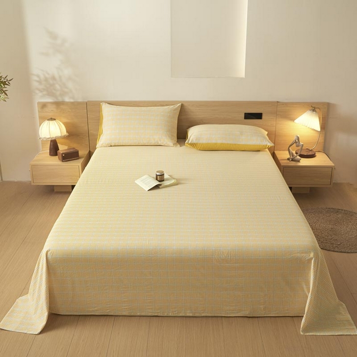 91家纺网 家纺一手货源 找家纺 ab家纺 2025新款简约色织水洗棉床单 芙卡格-黄
