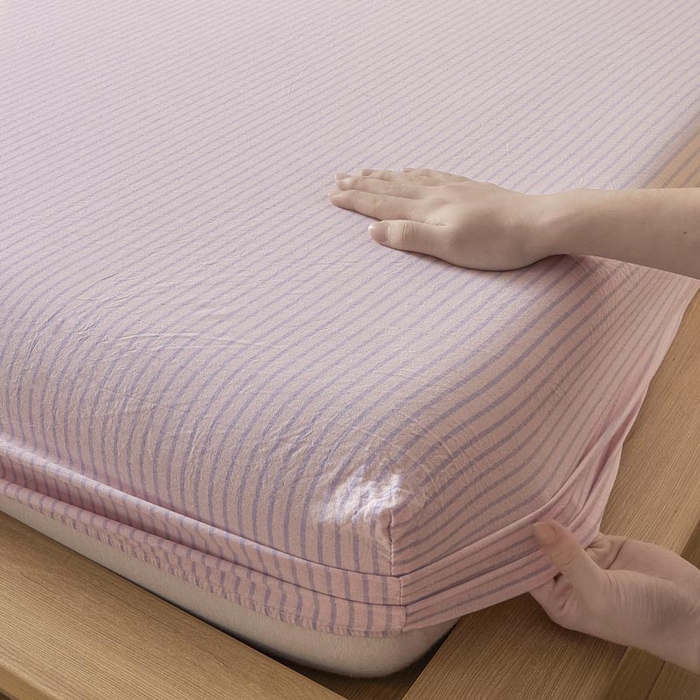 91家纺网 家纺一手货源 找家纺 ab家纺 2025新款简约色织水洗棉床笠 余晖-粉蓝