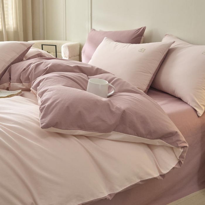 91家纺网 家纺一手货源 找家纺 ab家纺 2025新款色织全棉40支水洗棉四件套--双拼第二组 微微粉豆沙