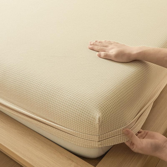 91家纺网 家纺一手货源 找家纺 ab家纺 2025新款简约色织水洗棉床笠 可颂-黄