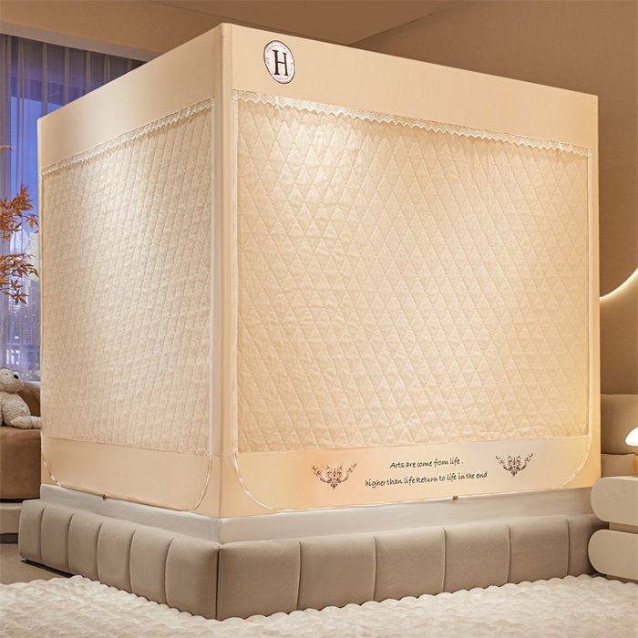 91家纺网 家纺一手货源 找家纺 艾晶美家纺有限公司 2025新款夹棉保暖坐式床帘蚊帐 夹棉款罗曼米咖