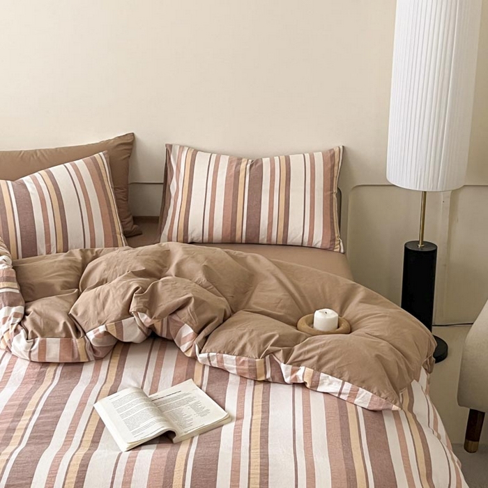 91家纺网 家纺一手货源 找家纺 ab家纺 2024新款色织全棉40支水洗棉条纹四件套  拉菲尔-咖