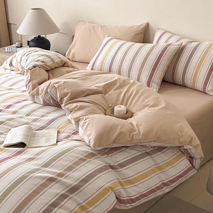 91家纺网 家纺一手货源 找家纺 ab家纺 2024新款色织全棉40支水洗棉条纹四件套  里威 五彩条