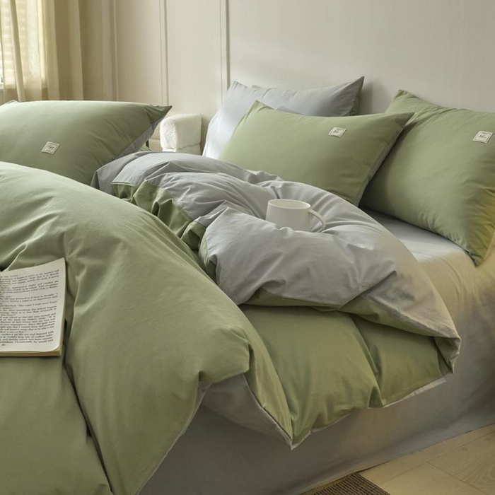91家纺网 家纺一手货源 找家纺 ab家纺 2025新款色织全棉40支水洗棉四件套--双拼第二组 素绿浅灰